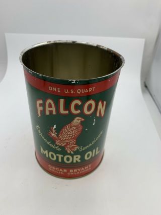 Vintage 1940s Falcon Motor Oil 1 Qt Metal Can Oscar Bryant Hollis Ok No Top Gc
