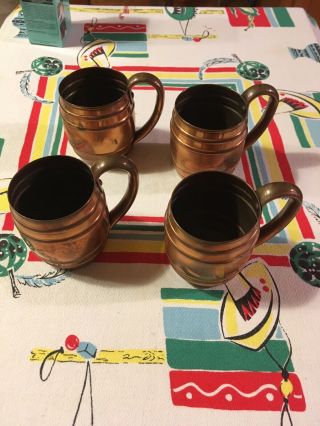 Set 4 Vintage Solid Copper Barrel Mugs Cavalier National Silver Moscow Mule 16oz