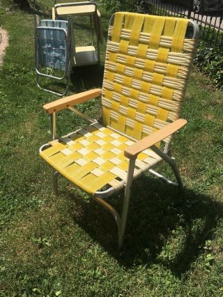 Vintage Aluminum Webbed Tubing Folding Lawn Patio Porch Chair Yellow