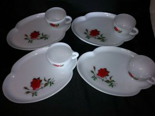 Vintage Federal Glass Rosecrest 8 Pc Luncheon Snack Plate/tea Set Red Rose Usa