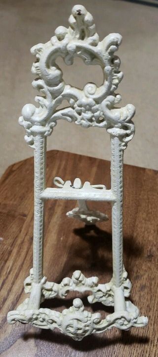 Vintage White Ornate Solid Display Easel Picture Plate Stand Table Top 10 " Tall