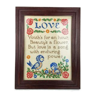 Vintage Needlepoint Embroidery Finished Framed Art Stitch Love Floral Completed