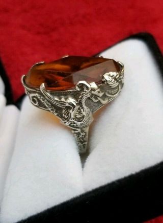 Vintage Chinese Double Dragon Sterling Silver 925 Smoky Quartz Ring