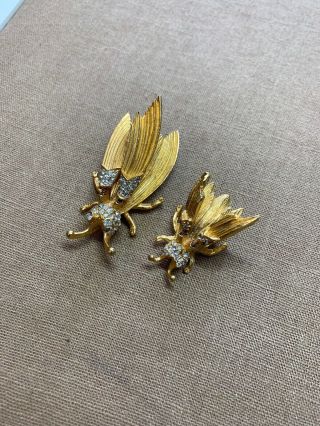 Vintage 1950’s Costume Gold Tone Rhinestone Trembler Fly Brooches