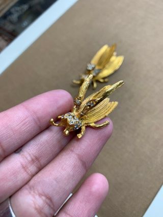 Vintage 1950’s Costume Gold Tone Rhinestone Trembler Fly Brooches 4
