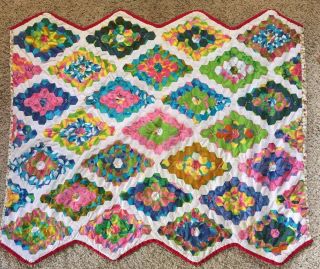 Vintage Hexagon Quilt,  Child Or Wall Size,  Hand Sewn,  Tied In Batik Charming