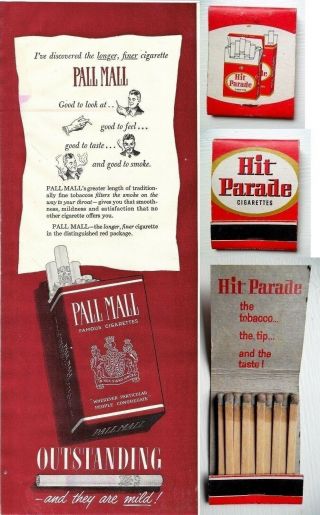 Vintage 1948 Pall Mall Ad & 1940s - 50s Hit Parade Matches Full Matchbook