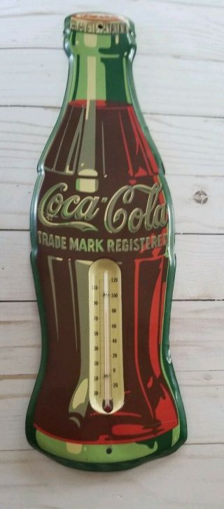 Vintage Coca Cola Tin Bottle Sign Thermometer Euc Coke Trademark