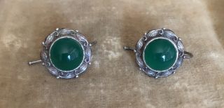 Vintage Bernard Instone Emerald Agate Solid Silver Earrings Very Collectable