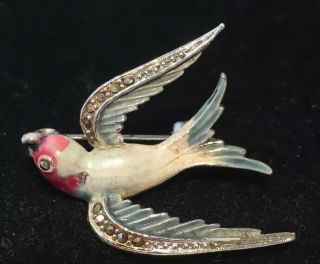 Vintage Art Deco Jewellery Adorable Enamel & Marcasite Swallow Bird Brooch