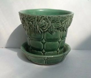 Vintage Mccoy Usa 5.  25 " Green Flower Pot Quilted With Leaf & Rose Desig