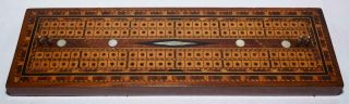 Vintage Inlaid Wood Cribbage Board W Mother Of Pearl & Metal Pegs - 14.  5 X 4.  5 "