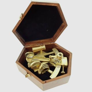 Antique Brass Pocket Sextant Navigation Nautical Marine Vintage Wooden Box