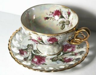 Vintage Royal Sealy Rose Lustreware Footed Teacup And Reticulated Saucer