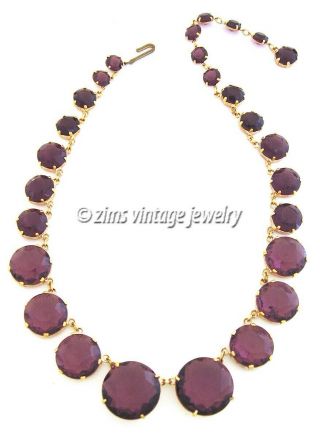 Vintage 50’s Open Back Amethyst Purple Glass Crystal Riviere Gold Link Necklace