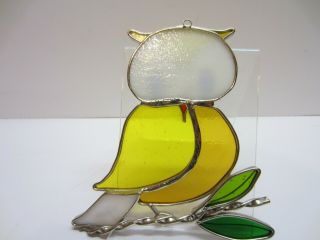 Vtg Stain Stained Glass Window Wall Hanging Sun Catcher Yellow Owl 4