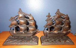 Vintage Cast Iron Bronzed Bookends Uss Constitution Us Navy Ship Ironsides