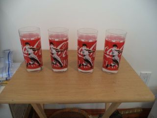 Vintage Coca - Cola Classic Red Mickey Mantle ? Baseball Glasses Set Of 4