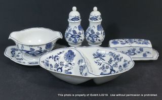 6 - Pc Vintage Blue Danube China Divided Serving Bowl,  Gravy,  Butter Dish Salt
