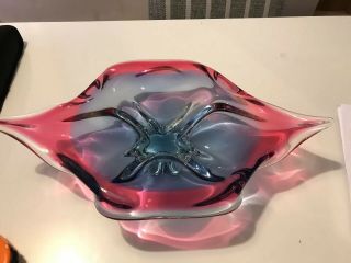 Large Vintage Murano Pink & Blue Art Glass Form Lip Dish Bowl Vase