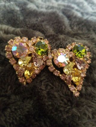 Vintage Sign Weiss Clip Multi Color Pronged Rhinestone Earrings