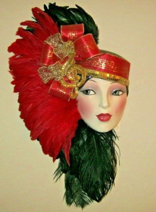 VINTAGE CLAY ART CERAMIC MASK EXTREMELY RARE WALL DECOR - BLACK & RED FEATHERS 2