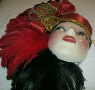 VINTAGE CLAY ART CERAMIC MASK EXTREMELY RARE WALL DECOR - BLACK & RED FEATHERS 5