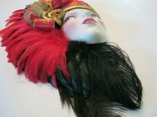 VINTAGE CLAY ART CERAMIC MASK EXTREMELY RARE WALL DECOR - BLACK & RED FEATHERS 8