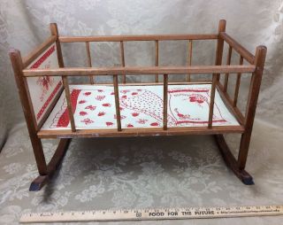 Vtg Wooden Rocking Baby Doll Bed Crib Strawberry Design Wood Shortcake 1980s 70s