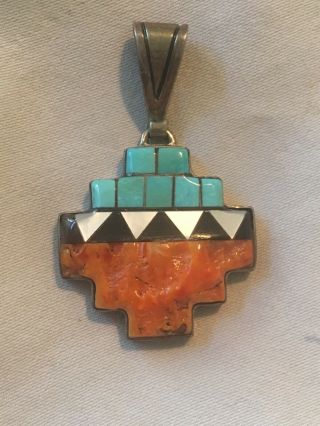 Vintage Navajo Sterling Silver,  Coral,  Turquoise,  Mop & Onyx W/ Necklace