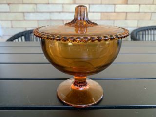 Vintage Indiana Glass Amber Candy Dish Lidded Compote With Beaded Lid