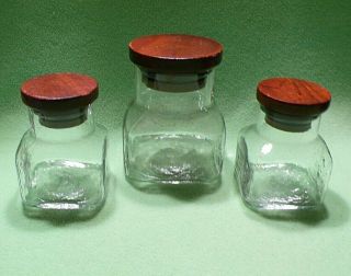 Set Of 3 Vintage Small Wavy Glass Canisters / Jars With Wood Tops & Rubber Seals