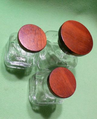 Set of 3 vintage small WAVY GLASS canisters / jars with wood tops & rubber seals 5