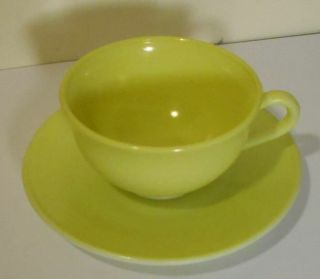 Vtg Hazel Atlas Moderntone Tea Coffee Cup & Saucer Plate Yellow - Green Milk Glass