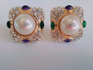 Nolan Miller Magnificent Vtg Sim.  Pearl & Multi - Jewel Earrings - -
