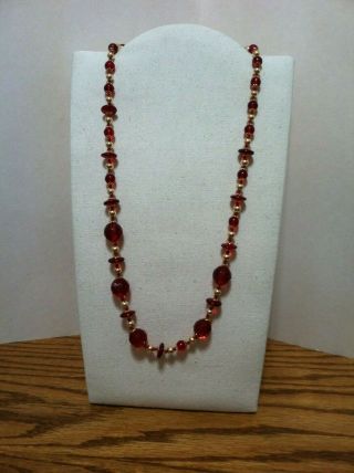 Vintage Red Italian Venetian Murano Glass Bead Necklace,  24 " Long
