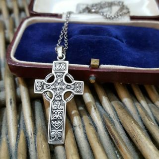 Vintage 925 Silver Necklace,  Celtic Cross Necklace,  18 " Chain
