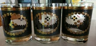 Georges Briard Vintage Mid - Century 3 Double Old Fashioned Glasses Black Gold