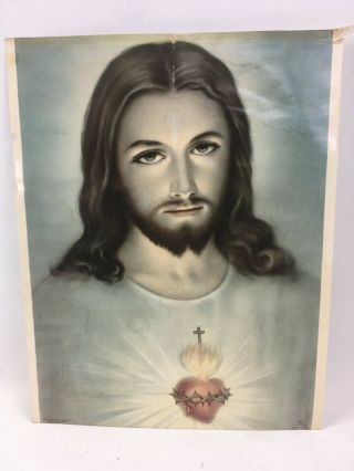 Vintage 1961 Sacred Heart Of Jesus Print Religious Catholic 30.  5x38.  5cm Saint