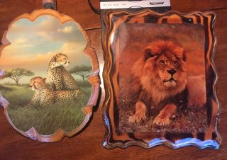 Vintage Big Cat Decoupage.  Lion & Cheetah.  Plaques 11x9 " & 12x10 "