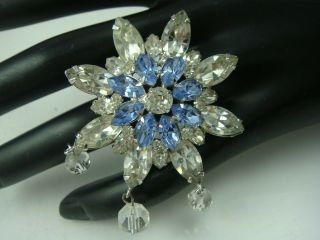 Vintage Blue Clear Sparkling Star Pin Brooch With Dangling Crystals Rhodium Fini