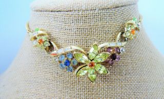 Vintage Signed " Coro " Brilliant Multi Colored Rhinestone Floral Choker Necklace