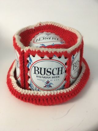 Vintage Busch Bavarian Beer Aluminum Can Hat Knitted Crocheted Yarn Unique