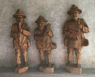 Set Of 3 Vintage Hand - Carved Wood Musical Men Figurines