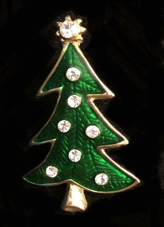 Vintage Gold Tone Green Enamel Crystal Holiday Christmas Tree Brooch Broach Pin