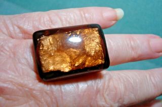 Vintage Retro Mod Brown Faux Tortoise Shell Amber Lucite Foil Ring Size 7