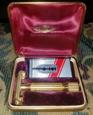 Vintage 1940s Gold Gillette Aristocrat Safety Razor With Case And Spare Blade
