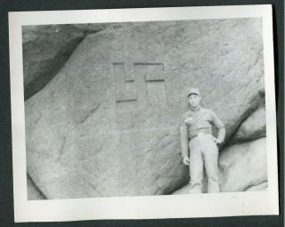 Unusual Vintage Photo Wwii Army Man By Swastika Engraved Rock Germany 990084