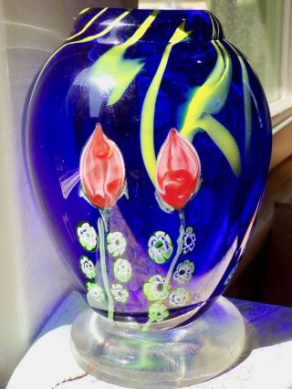 Vintage Italian Art Glass Millifiore Tulips Drop Vase W Bun Foot - 3 Days Shipng
