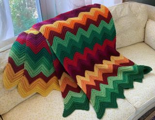 Vintage Handmade Crochet Rainbow Chevron Stripe Afghan Blanket Throw 66”x46”